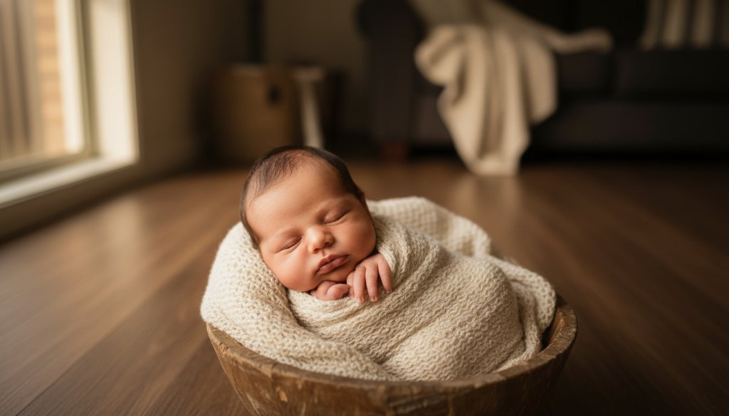 A heartwarming, professionally colour-graded photograph showcasing Melton South newborn photography capturing cherished firsts, with a tiny baby peacefully asleep, swaddled in soft fabrics, bathed in a gentle golden glow from a nearby window, evoking a serene and tender epic moment.