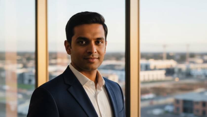 Dramatic and inspiring image of a confident business professional receiving expertly captured Melton South professional corporate headshots, set against a modern office backdrop with soft, natural light streaming through large windows, showcasing their determined expression and professional demeanour.