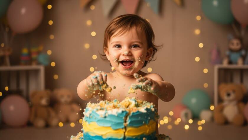 An adorable one-year-old child in a whimsical studio setting in Melton, Victoria, joyfully smashing a colourful birthday cake, captured during a Melton Victoria first birthday cake smash photoshoot, with icing smeared on their face and hands, eyes wide with delight, under warm, dramatic studio lighting, creating a truly epic and memorable photographic moment.