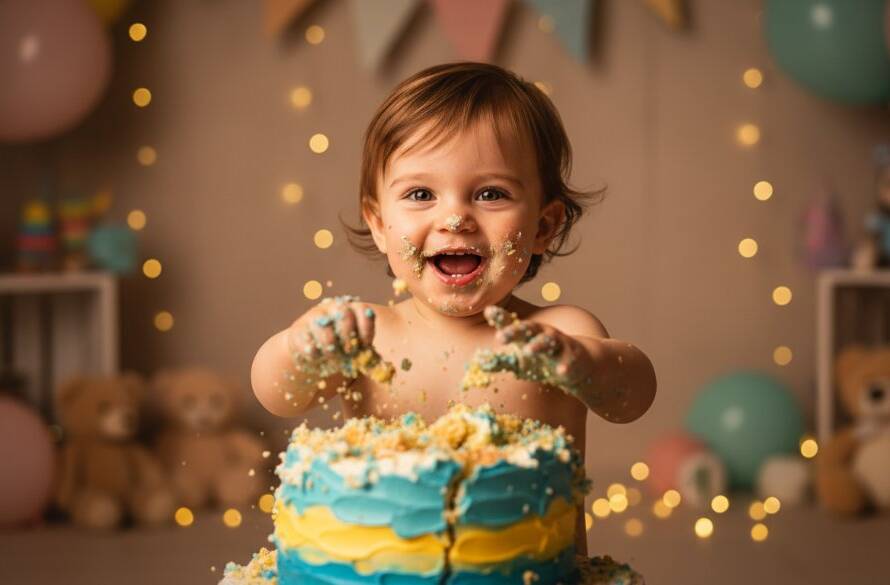 An adorable one-year-old child in a whimsical studio setting in Melton, Victoria, joyfully smashing a colourful birthday cake, captured during a Melton Victoria first birthday cake smash photoshoot, with icing smeared on their face and hands, eyes wide with delight, under warm, dramatic studio lighting, creating a truly epic and memorable photographic moment.