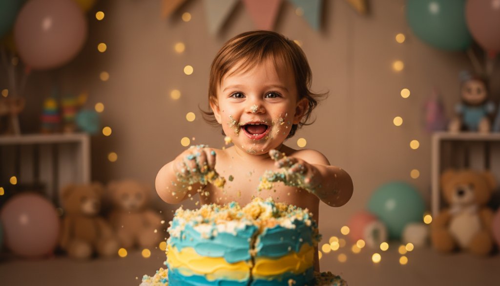 An adorable one-year-old child in a whimsical studio setting in Melton, Victoria, joyfully smashing a colourful birthday cake, captured during a Melton Victoria first birthday cake smash photoshoot, with icing smeared on their face and hands, eyes wide with delight, under warm, dramatic studio lighting, creating a truly epic and memorable photographic moment.