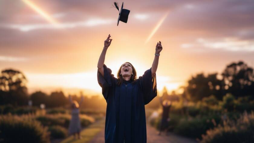 A proud graduate in Melton, Victoria, joyfully tossing their cap into the air against a vibrant sunset over the Melton Botanic Garden, embodying the spirit of Melton Victoria graduation photography capturing cherished memories, with family cheering in the softly blurred background.