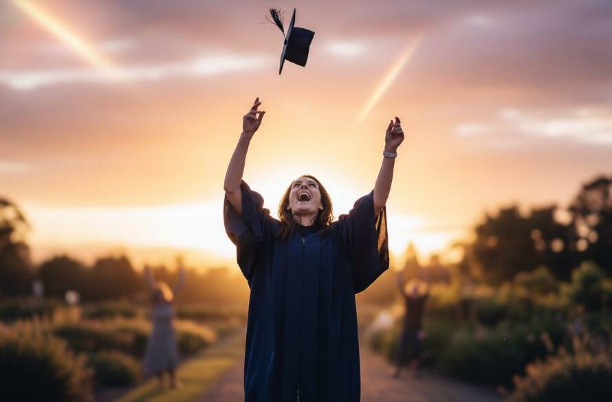A proud graduate in Melton, Victoria, joyfully tossing their cap into the air against a vibrant sunset over the Melton Botanic Garden, embodying the spirit of Melton Victoria graduation photography capturing cherished memories, with family cheering in the softly blurred background.