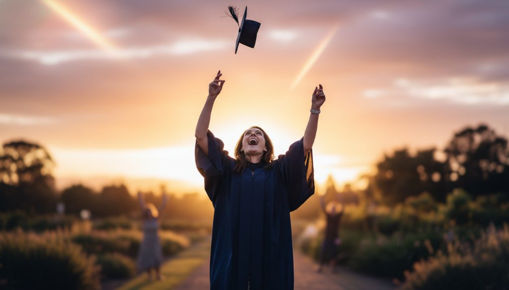 A proud graduate in Melton, Victoria, joyfully tossing their cap into the air against a vibrant sunset over the Melton Botanic Garden, embodying the spirit of Melton Victoria graduation photography capturing cherished memories, with family cheering in the softly blurred background.