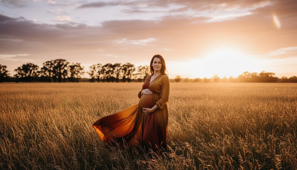 A radiant mother-to-be in an elegant gown, cradling her baby bump, captured during a professional Melton Victoria outdoor maternity photography session at sunset, with dramatic, warm lighting filtering through gum trees.