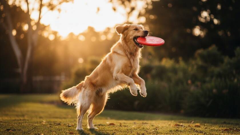 A magnificent golden retriever mid-leap, catching a frisbee with pure joy, bathed in golden hour light at a picturesque park in Melton, Victoria, showcasing professional Melton Victoria pet photography natural outdoor dog portraits.