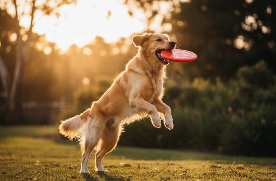 A magnificent golden retriever mid-leap, catching a frisbee with pure joy, bathed in golden hour light at a picturesque park in Melton, Victoria, showcasing professional Melton Victoria pet photography natural outdoor dog portraits.