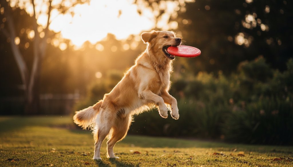 A magnificent golden retriever mid-leap, catching a frisbee with pure joy, bathed in golden hour light at a picturesque park in Melton, Victoria, showcasing professional Melton Victoria pet photography natural outdoor dog portraits.