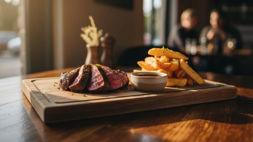 A dramatic close-up of a perfectly plated gourmet dish, steam gently rising, professionally lit to highlight texture and colour, representing exceptional Melton West cafe menu photography that tantalises with visual appeal.