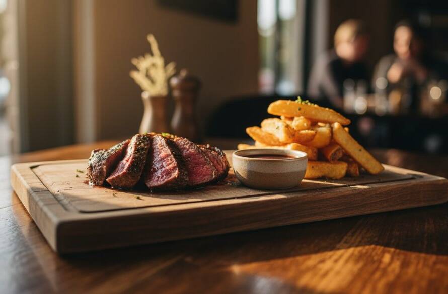 A dramatic close-up of a perfectly plated gourmet dish, steam gently rising, professionally lit to highlight texture and colour, representing exceptional Melton West cafe menu photography that tantalises with visual appeal.