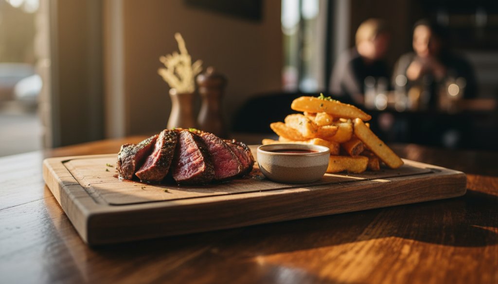 A dramatic close-up of a perfectly plated gourmet dish, steam gently rising, professionally lit to highlight texture and colour, representing exceptional Melton West cafe menu photography that tantalises with visual appeal.