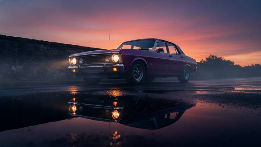 An epic moment in Melton West car photography capturing vehicle soul, featuring a classic muscle car bathed in dramatic golden hour light, parked near the historic Melton Botanic Garden, professionally captured to highlight its powerful lines and gleaming chrome.