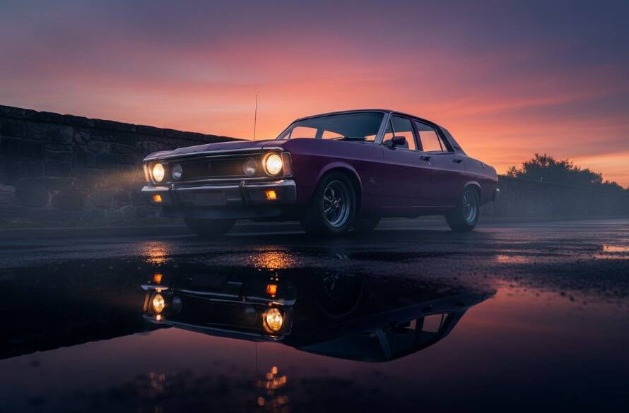 An epic moment in Melton West car photography capturing vehicle soul, featuring a classic muscle car bathed in dramatic golden hour light, parked near the historic Melton Botanic Garden, professionally captured to highlight its powerful lines and gleaming chrome.