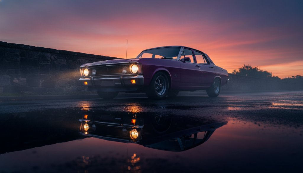 An epic moment in Melton West car photography capturing vehicle soul, featuring a classic muscle car bathed in dramatic golden hour light, parked near the historic Melton Botanic Garden, professionally captured to highlight its powerful lines and gleaming chrome.