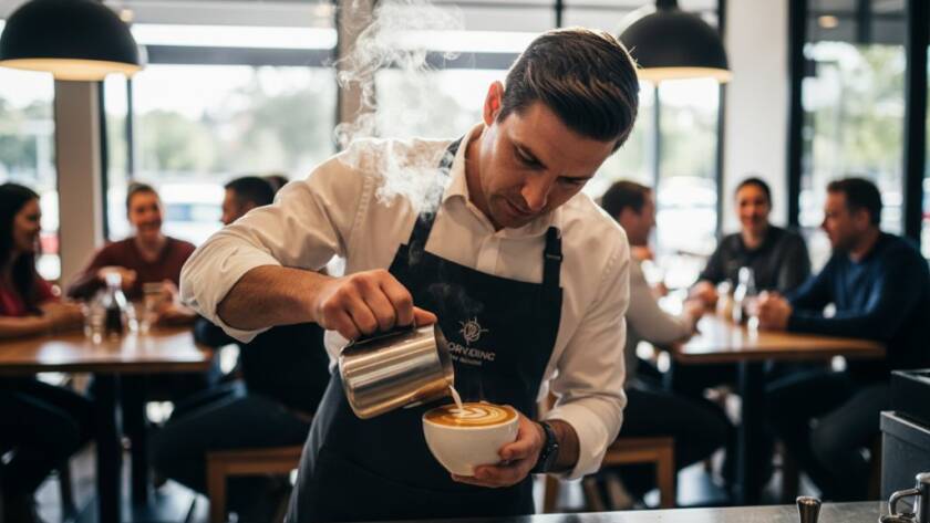 An epic moment captured in Melton West commercial photography for local businesses, showing a vibrant cafe owner expertly crafting a latte with dynamic steam, customers blurred in the background, dramatic warm lighting highlighting the craftsmanship, professional, color-graded cinematic shot.