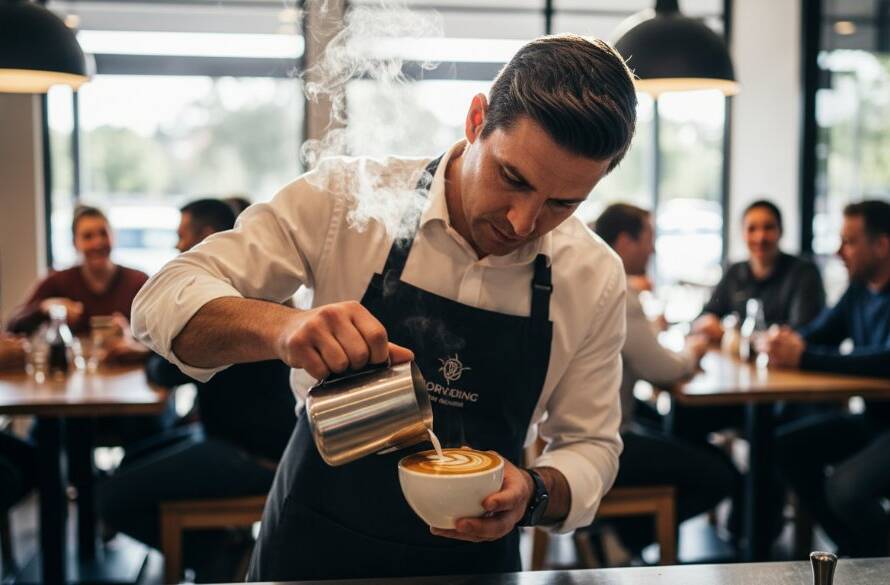 An epic moment captured in Melton West commercial photography for local businesses, showing a vibrant cafe owner expertly crafting a latte with dynamic steam, customers blurred in the background, dramatic warm lighting highlighting the craftsmanship, professional, color-graded cinematic shot.