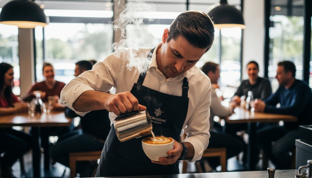 An epic moment captured in Melton West commercial photography for local businesses, showing a vibrant cafe owner expertly crafting a latte with dynamic steam, customers blurred in the background, dramatic warm lighting highlighting the craftsmanship, professional, color-graded cinematic shot.