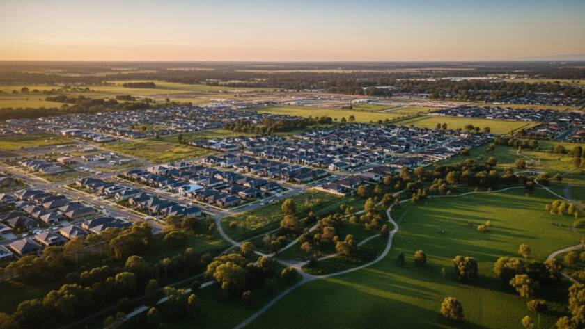 An epic aerial shot of the serene Melton West landscape at golden hour, showcasing the vast open spaces and residential areas from a high vantage point, emphasizing the breathtaking views captured by drone photography.