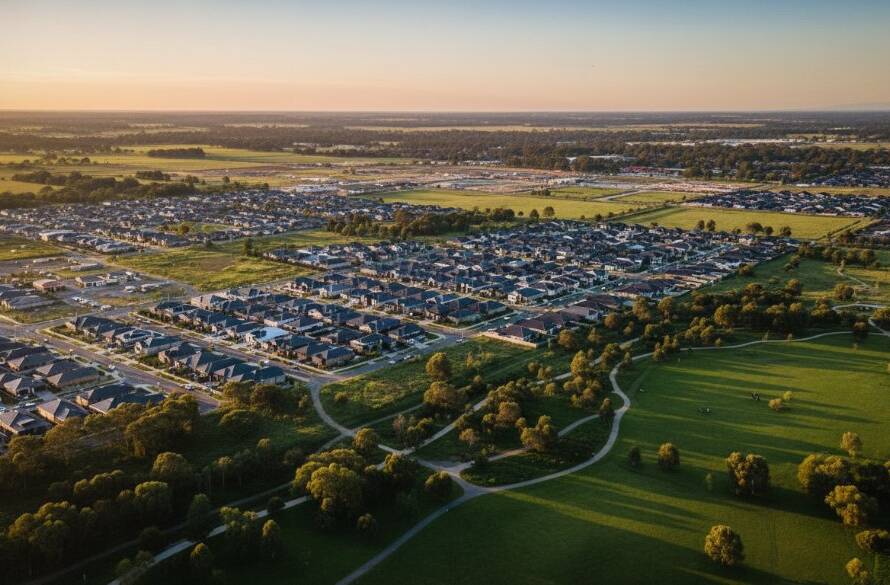 An epic aerial shot of the serene Melton West landscape at golden hour, showcasing the vast open spaces and residential areas from a high vantage point, emphasizing the breathtaking views captured by drone photography.