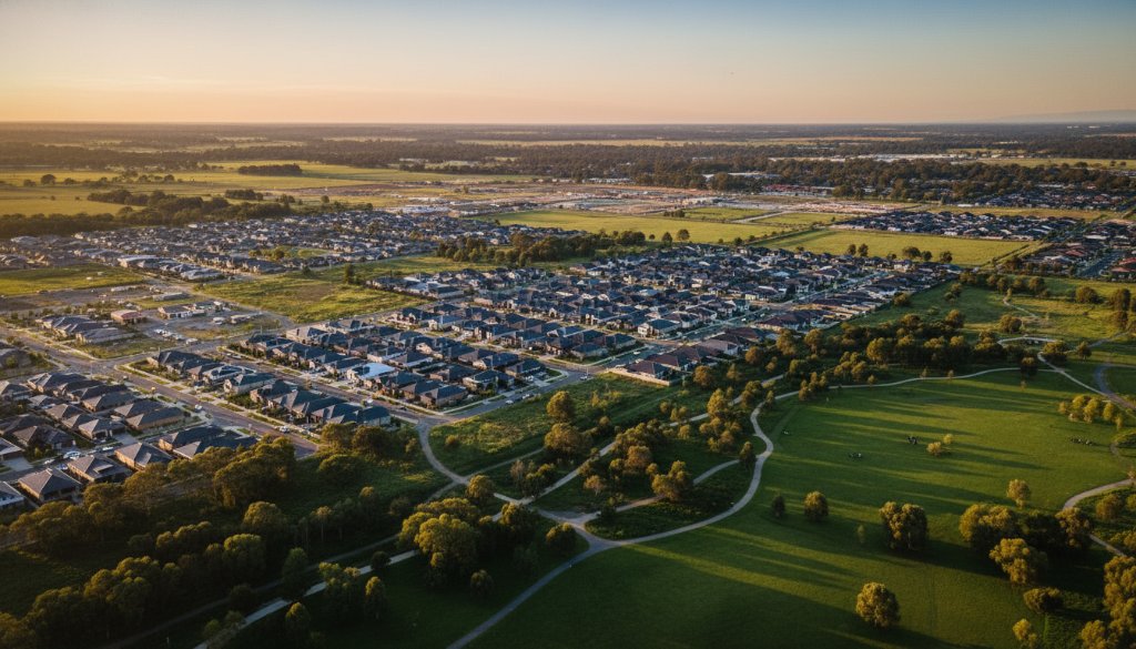 An epic aerial shot of the serene Melton West landscape at golden hour, showcasing the vast open spaces and residential areas from a high vantage point, emphasizing the breathtaking views captured by drone photography.