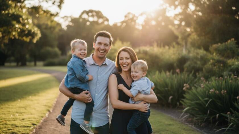 An epic moment in Melton West family photography capturing genuine moments, featuring a family laughing joyfully in a sun-drenched park at golden hour, professionally colour-graded with dramatic backlighting.