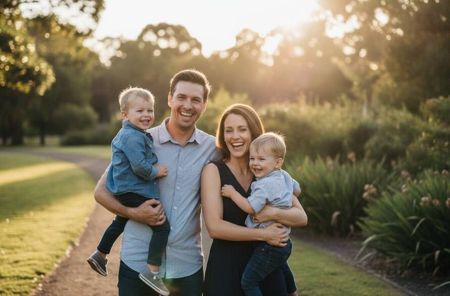 An epic moment in Melton West family photography capturing genuine moments, featuring a family laughing joyfully in a sun-drenched park at golden hour, professionally colour-graded with dramatic backlighting.