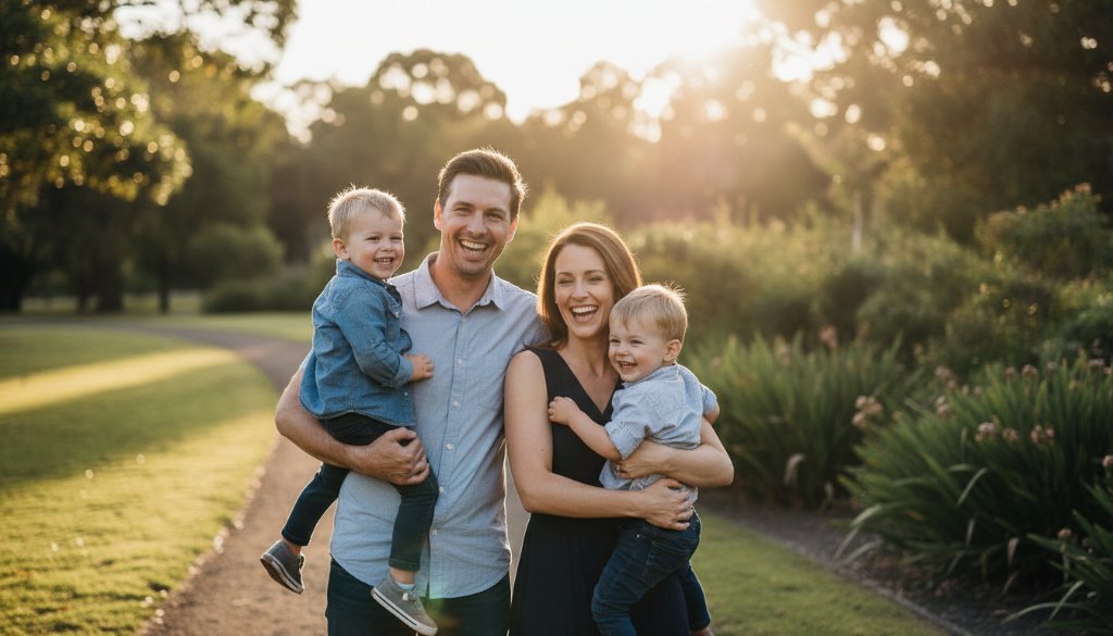An epic moment in Melton West family photography capturing genuine moments, featuring a family laughing joyfully in a sun-drenched park at golden hour, professionally colour-graded with dramatic backlighting.