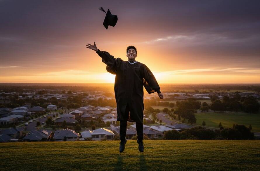 A victorious student in their cap and gown, framed by the late afternoon sun over a scenic view of Melton West, holding their degree with an ecstatic expression, perfectly captured by a Melton West graduation photographer capturing joyous moments, conveying pride and relief.