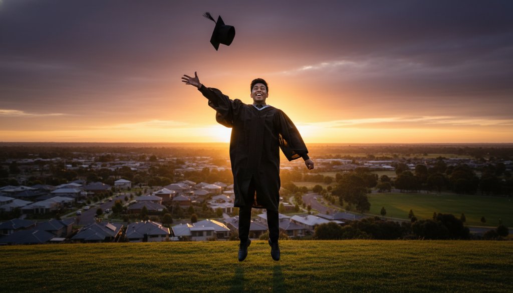 A victorious student in their cap and gown, framed by the late afternoon sun over a scenic view of Melton West, holding their degree with an ecstatic expression, perfectly captured by a Melton West graduation photographer capturing joyous moments, conveying pride and relief.
