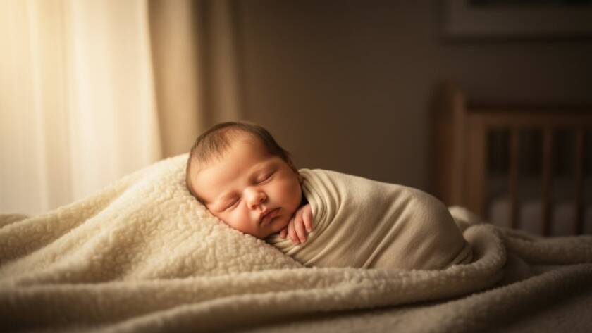 An epic moment from a Melton West Newborn Photo Session in Home, featuring a serene baby peacefully sleeping on a soft blanket, surrounded by a warm, natural light halo, with parents' hands gently cradling, evoking tender love and new beginnings.