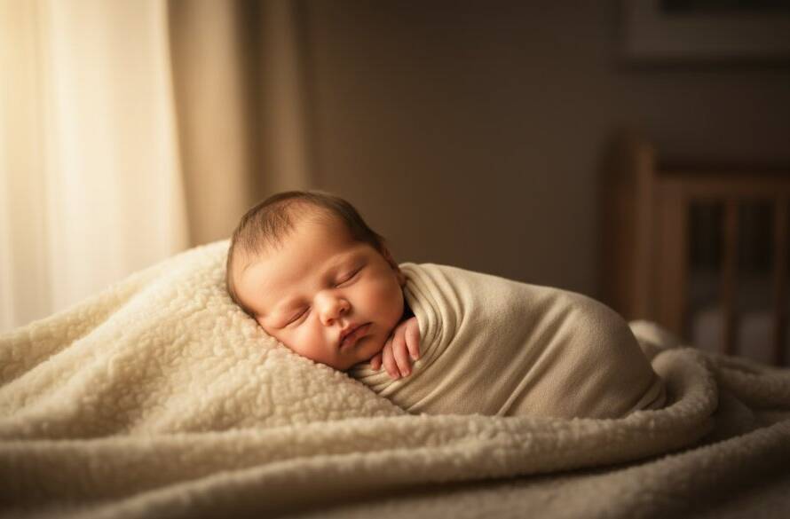An epic moment from a Melton West Newborn Photo Session in Home, featuring a serene baby peacefully sleeping on a soft blanket, surrounded by a warm, natural light halo, with parents' hands gently cradling, evoking tender love and new beginnings.