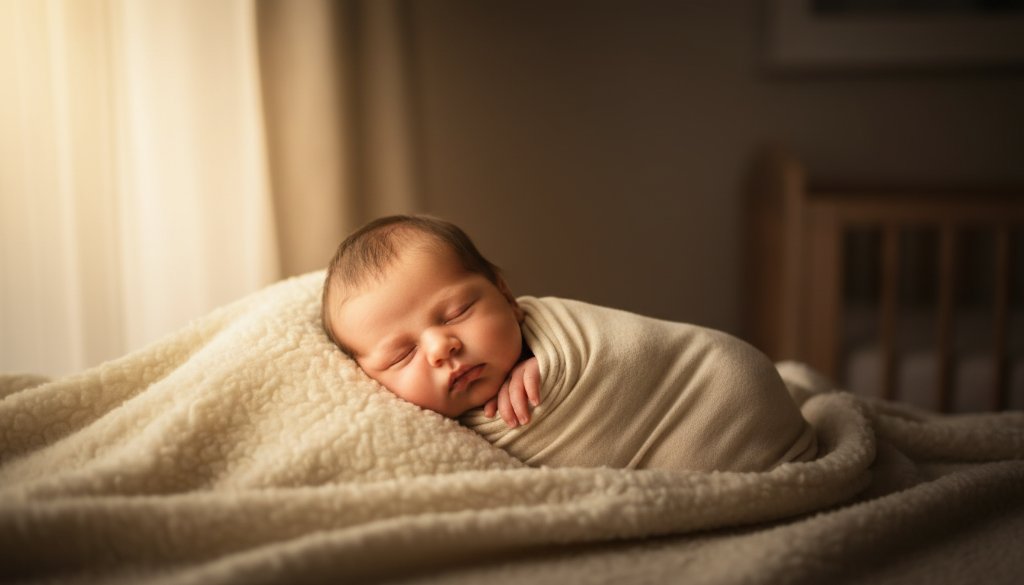 An epic moment from a Melton West Newborn Photo Session in Home, featuring a serene baby peacefully sleeping on a soft blanket, surrounded by a warm, natural light halo, with parents' hands gently cradling, evoking tender love and new beginnings.