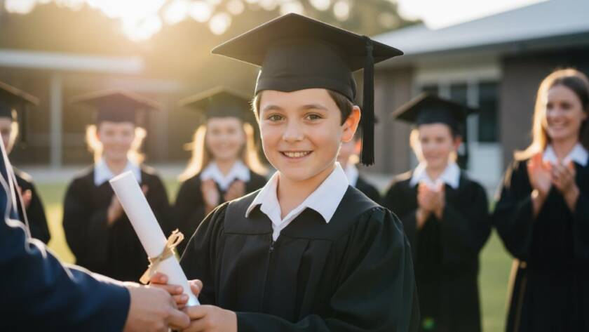 A heartwarming, professionally lit portrait of a Year 6 student in their cap and gown, beaming with pride, surrounded by cheering classmates on the sports oval of a modern Melton West primary school graduation photos ceremony, bathed in golden hour sunlight, capturing their pure joy and anticipation for the future.