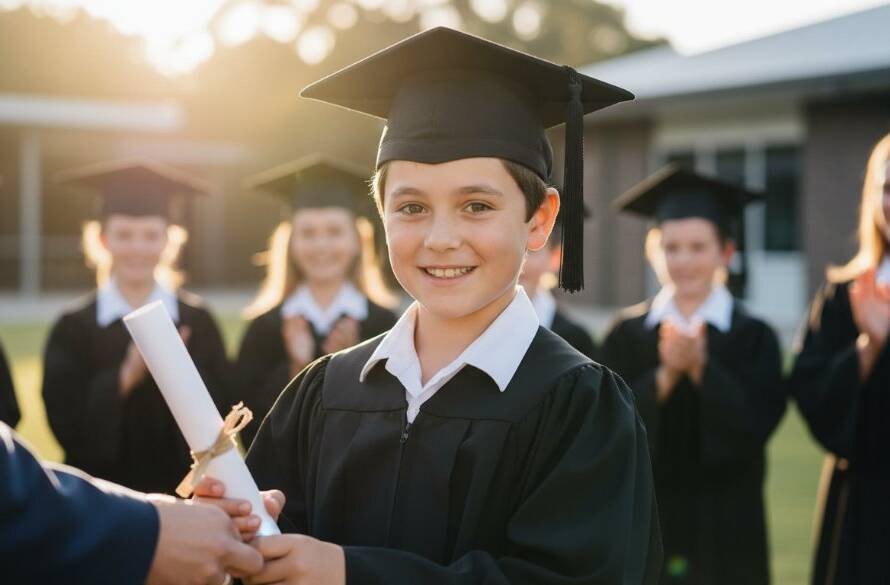 A heartwarming, professionally lit portrait of a Year 6 student in their cap and gown, beaming with pride, surrounded by cheering classmates on the sports oval of a modern Melton West primary school graduation photos ceremony, bathed in golden hour sunlight, capturing their pure joy and anticipation for the future.