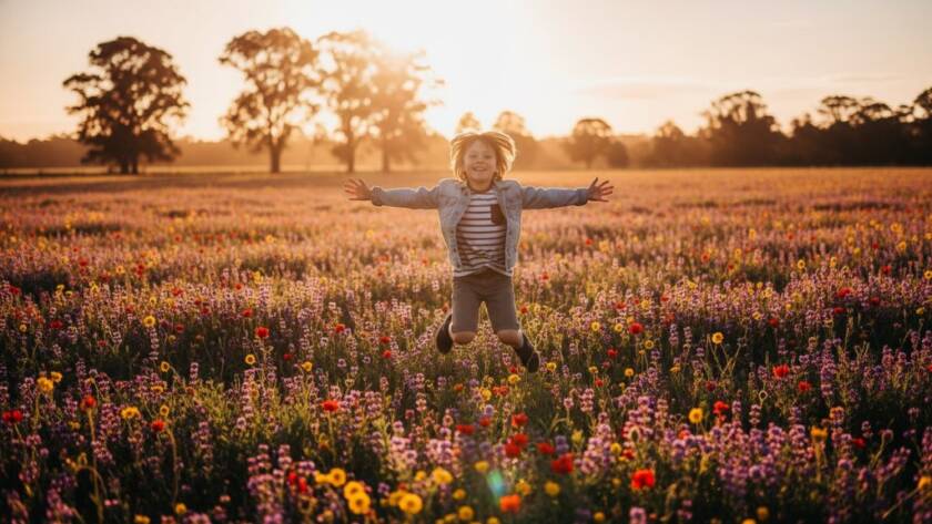 Melton West vibrant kids photography of a child laughing joyfully while running through a sun-dappled park at sunset, captured in a professional, cinematic style with warm, golden hour light.