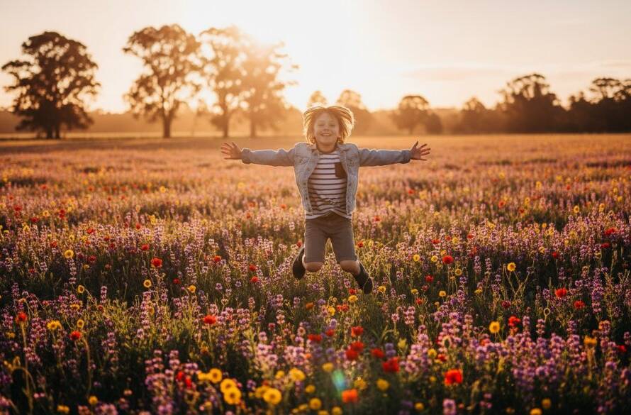 Melton West vibrant kids photography of a child laughing joyfully while running through a sun-dappled park at sunset, captured in a professional, cinematic style with warm, golden hour light.