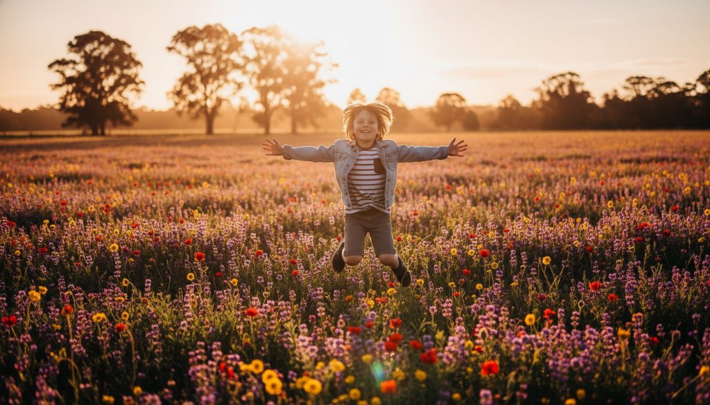 Melton West vibrant kids photography of a child laughing joyfully while running through a sun-dappled park at sunset, captured in a professional, cinematic style with warm, golden hour light.