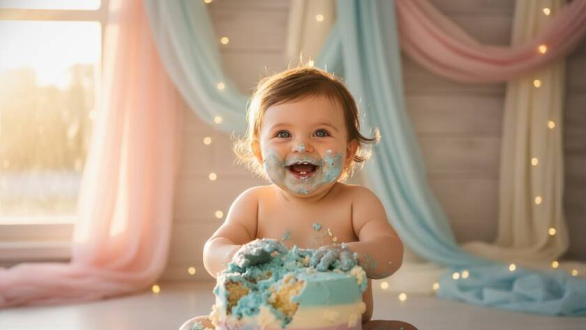 An adorable baby in Melton West Victoria experiencing a memorable first birthday cake smash, covered in frosting with a joyful expression, dramatic golden hour lighting highlighting the sweet chaos.
