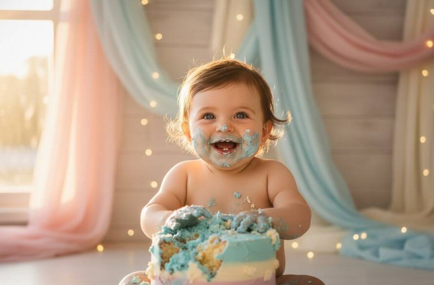An adorable baby in Melton West Victoria experiencing a memorable first birthday cake smash, covered in frosting with a joyful expression, dramatic golden hour lighting highlighting the sweet chaos.