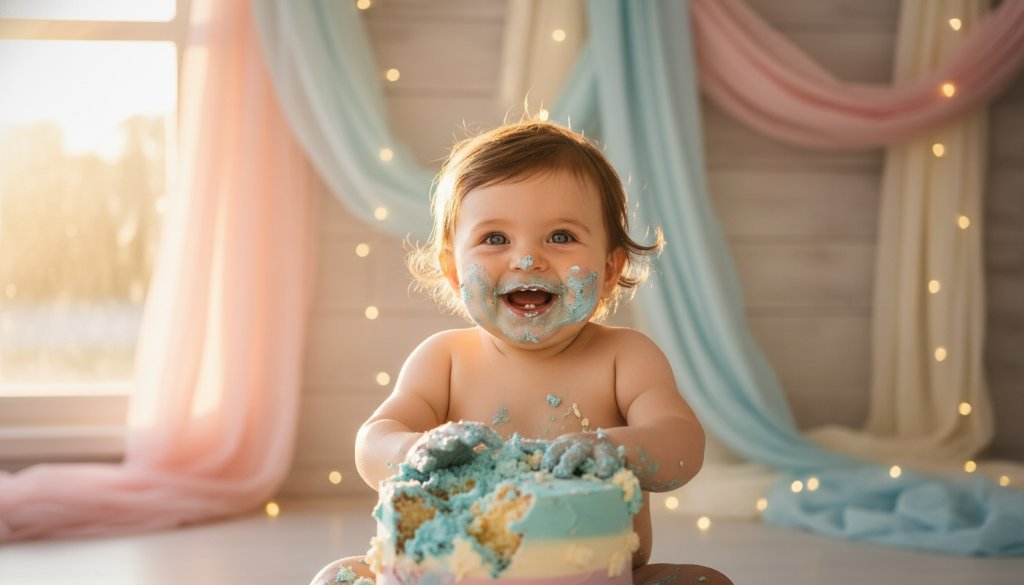 An adorable baby in Melton West Victoria experiencing a memorable first birthday cake smash, covered in frosting with a joyful expression, dramatic golden hour lighting highlighting the sweet chaos.