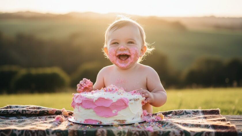 An adorable baby, covered in frosting from a Memorable Cake Smash Photography Korumburra Celebrations session, giggles joyously amidst colourful balloons and crumbs in a beautifully lit, outdoor Korumburra setting, captured in an epic, professional photograph.