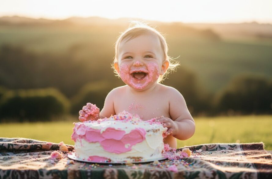 An adorable baby, covered in frosting from a Memorable Cake Smash Photography Korumburra Celebrations session, giggles joyously amidst colourful balloons and crumbs in a beautifully lit, outdoor Korumburra setting, captured in an epic, professional photograph.