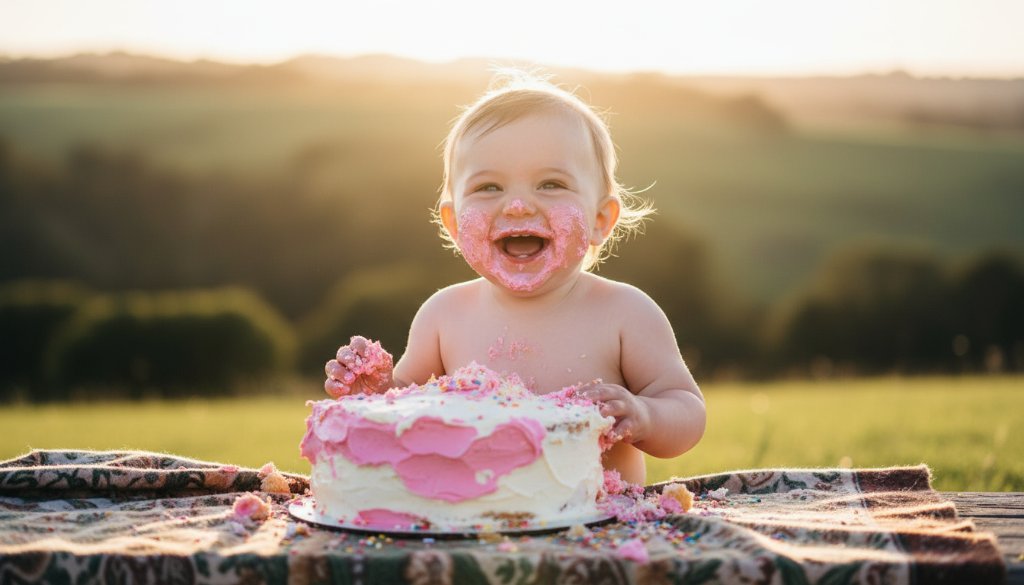 An adorable baby, covered in frosting from a Memorable Cake Smash Photography Korumburra Celebrations session, giggles joyously amidst colourful balloons and crumbs in a beautifully lit, outdoor Korumburra setting, captured in an epic, professional photograph.