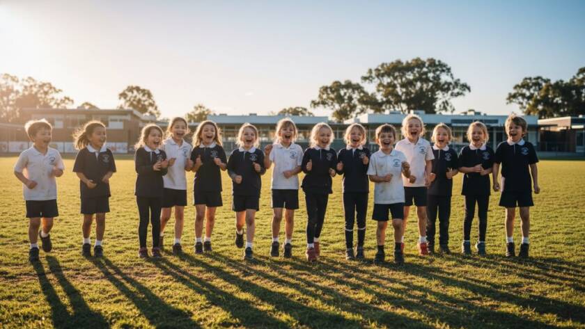 A wide-angle, cinematic photograph capturing a group of diverse primary school children in Doveton, Victoria, laughing joyfully as they pose for memorable Doveton school photography portraits on a sunny school oval, with dynamic lens flare and professional colour grading.