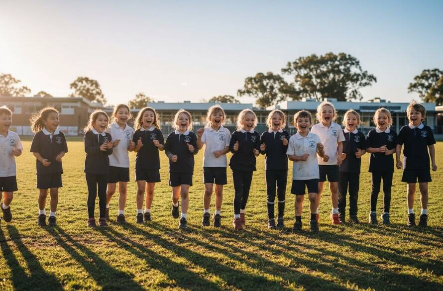 A wide-angle, cinematic photograph capturing a group of diverse primary school children in Doveton, Victoria, laughing joyfully as they pose for memorable Doveton school photography portraits on a sunny school oval, with dynamic lens flare and professional colour grading.