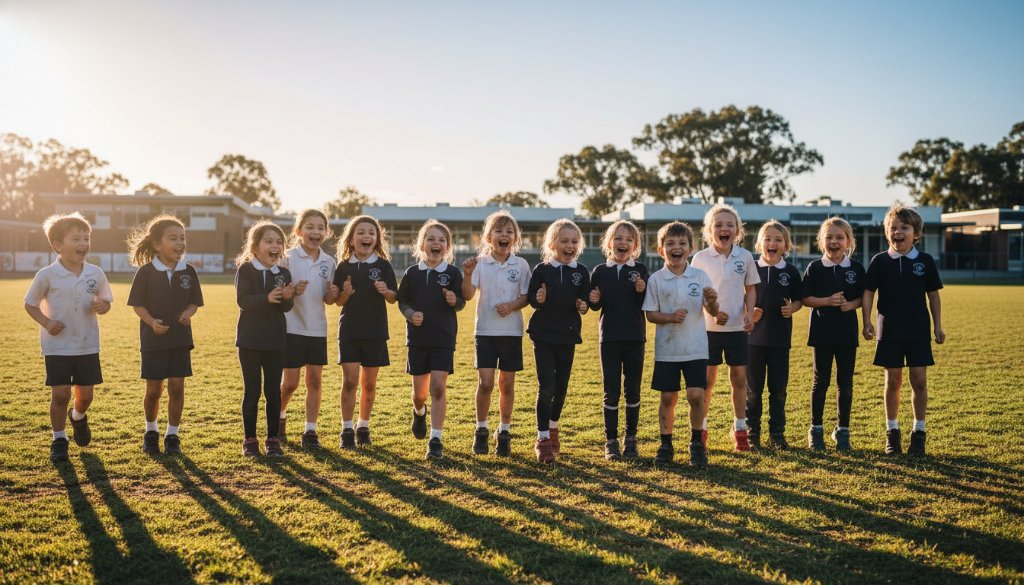 A wide-angle, cinematic photograph capturing a group of diverse primary school children in Doveton, Victoria, laughing joyfully as they pose for memorable Doveton school photography portraits on a sunny school oval, with dynamic lens flare and professional colour grading.