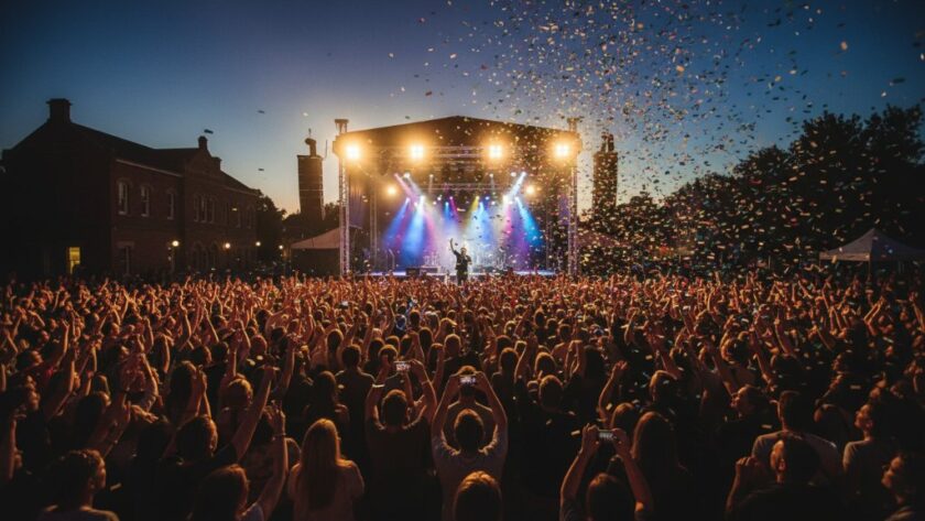 A high-angle, cinematic shot capturing the vibrant energy of a local community festival in Sale, Victoria, with diverse crowds enjoying live music under dramatic twilight skies, perfectly showcasing memorable event photography Sale Gippsland.