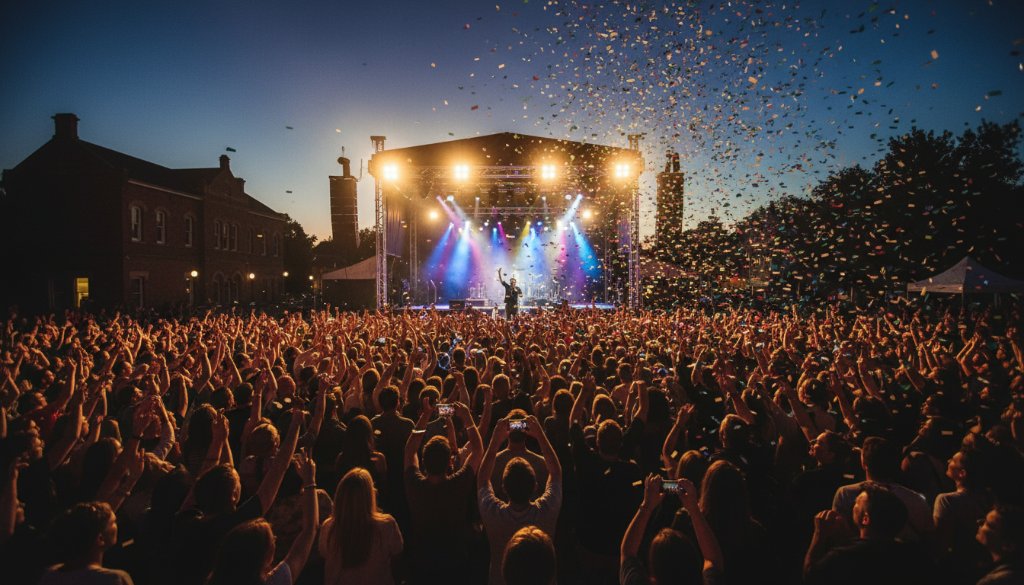 A high-angle, cinematic shot capturing the vibrant energy of a local community festival in Sale, Victoria, with diverse crowds enjoying live music under dramatic twilight skies, perfectly showcasing memorable event photography Sale Gippsland.
