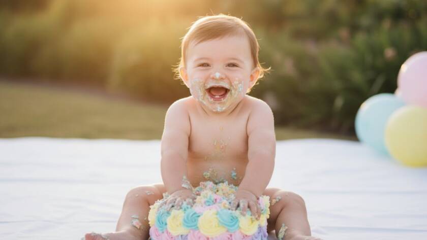 An epic, joy-filled moment captured during memorable first birthday cake smash photography in Box Hill North, featuring a baby gleefully covered in cake, dramatic rim lighting, and vibrant celebration colours.