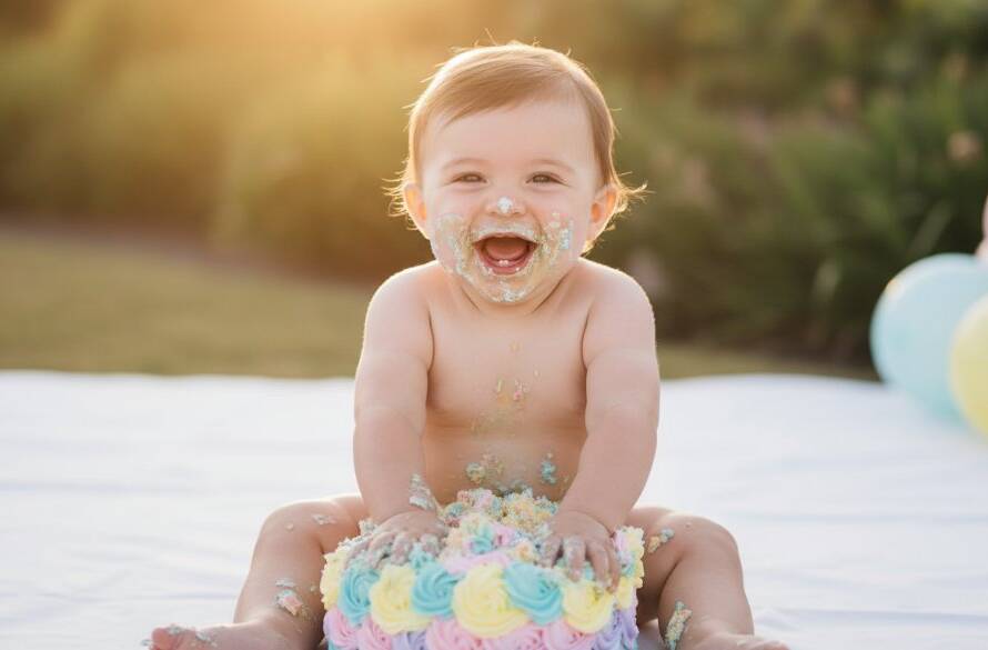 An epic, joy-filled moment captured during memorable first birthday cake smash photography in Box Hill North, featuring a baby gleefully covered in cake, dramatic rim lighting, and vibrant celebration colours.